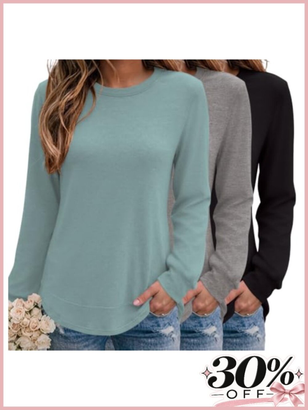 Women's 3 Pack Long Sleeve Crew Neck Lightweight Sweatshirts Pullover Tops